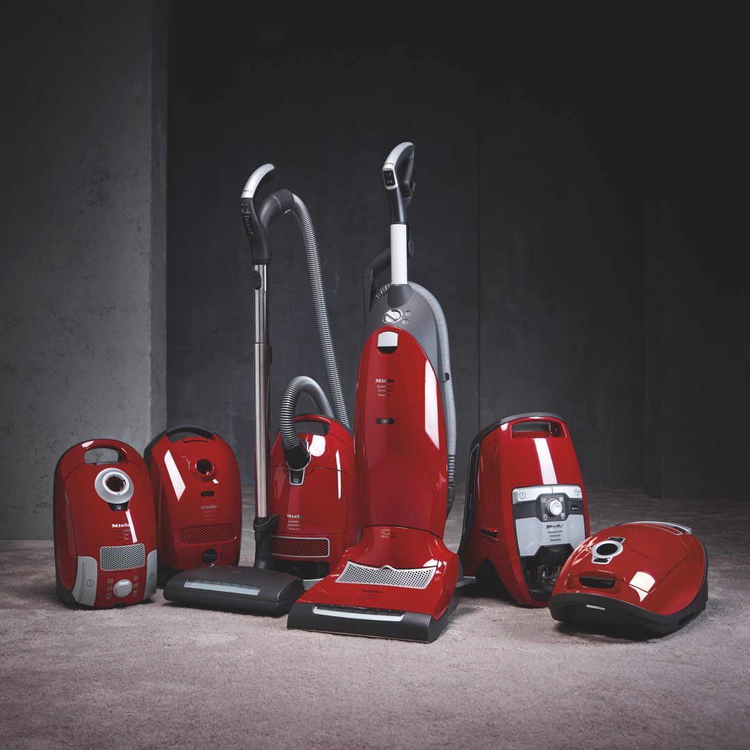 Miele canisters and upright HomeCare vacuum cleaners line